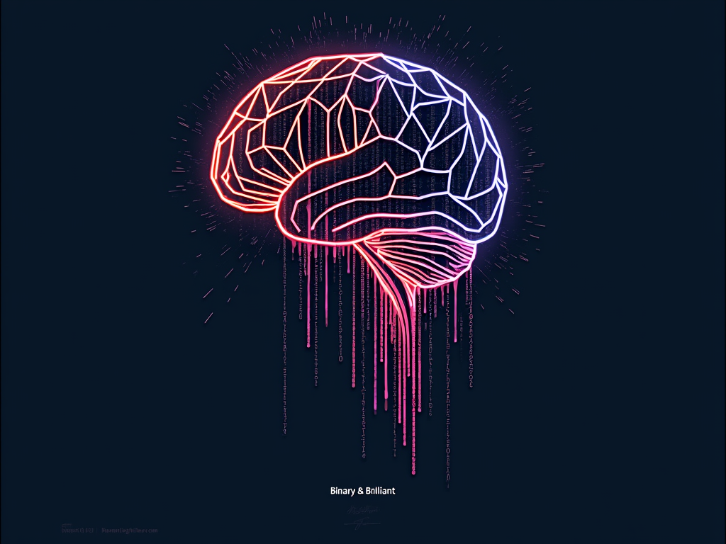 An abstract, geometric brain design with connections and pathways illustrated as streams of binary code. The tagline 'Binary & Brilliant' incorporated.