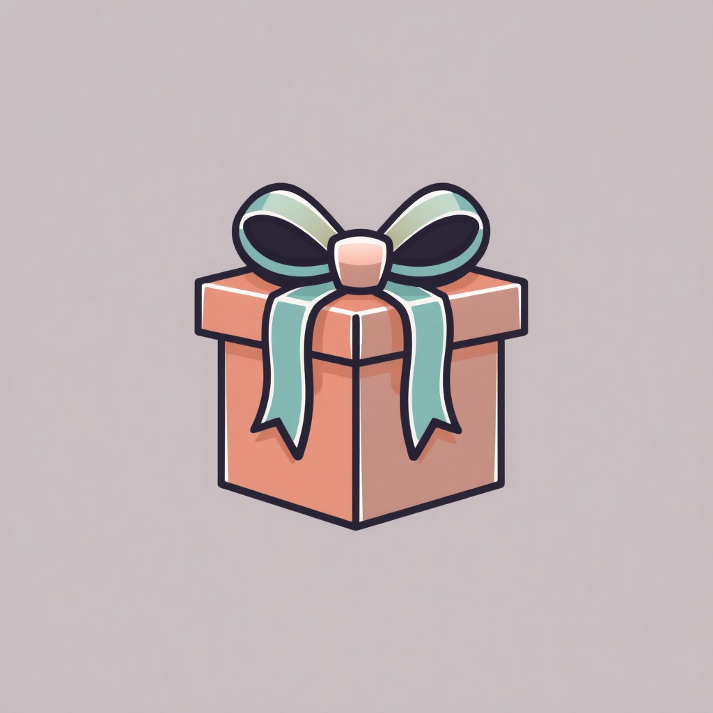 The image is a simple illustration of a gift box. The box is square in shape and has a light pink color. It is tied with a green ribbon that is tied in a bow at the top. The ribbon is tied around the top of the box in a neat knot. The bow is symmetrical and appears to be made of a shiny material. The background is a light beige color.