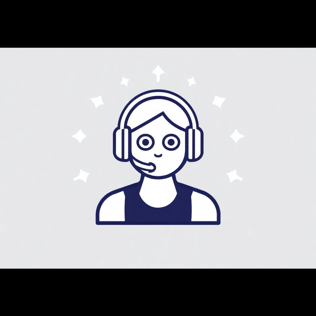 The image is a blue line drawing of a person wearing a headset. The person has a round face with big eyes and a small nose. They are wearing a black tank top and have a microphone attached to their mouth. The background is white with small blue stars scattered around. The overall design is simple and minimalistic.