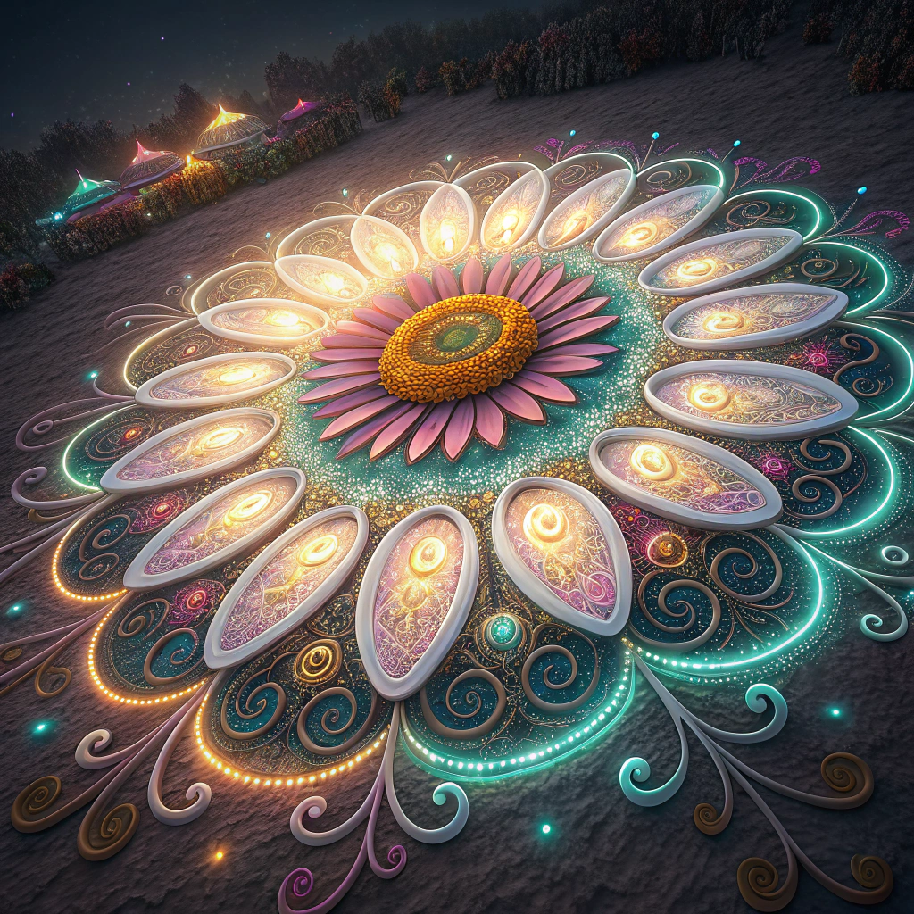 Translated text: Electric Daisy Carnival Sticker Designs - Glowing Daisy Mandala