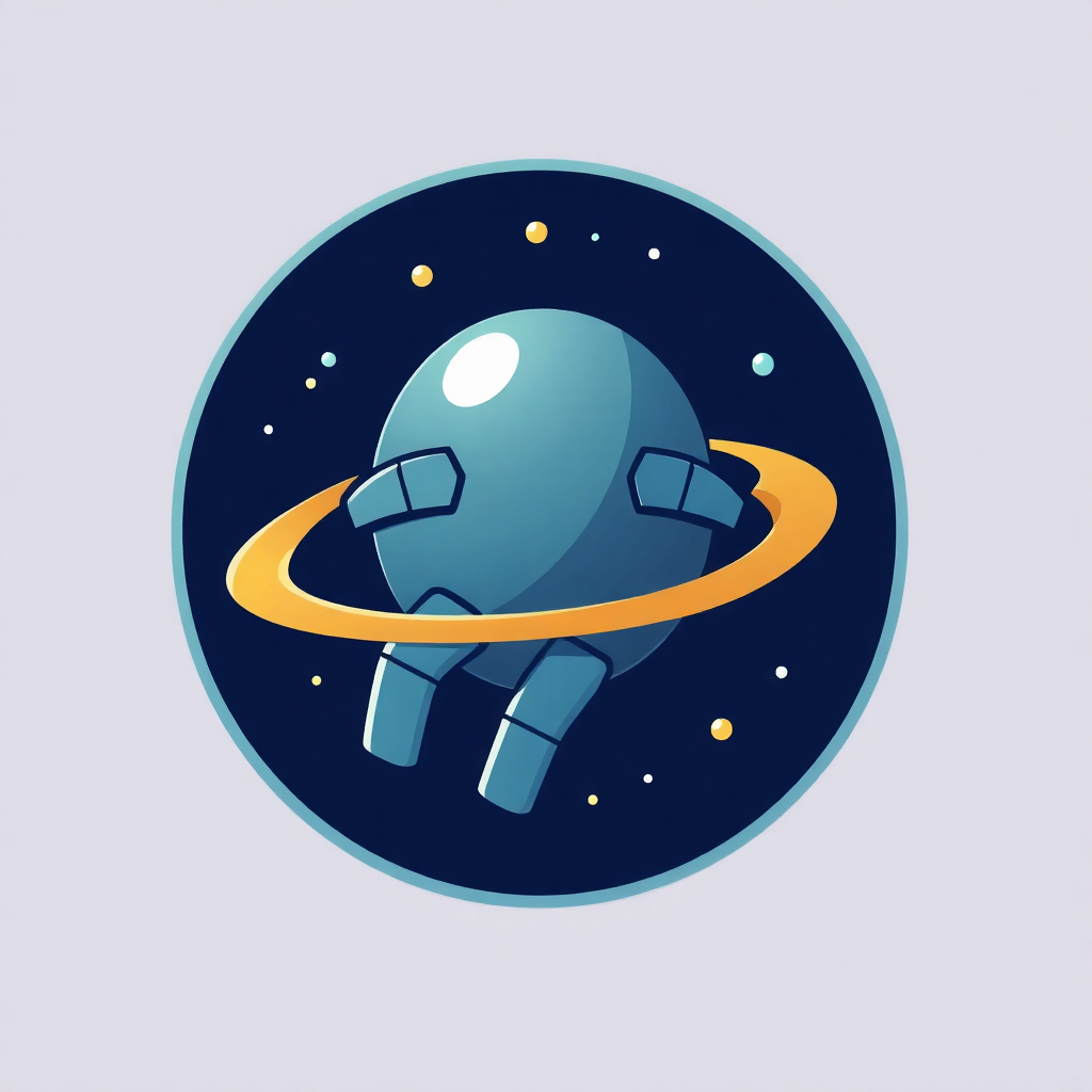 The image is an illustration of a blue planet with a yellow ring around it. The planet appears to be floating in space, with small white dots scattered around it, creating a starry background. In the center of the planet, there is a small robot-like figure with arms and legs. The robot has a round head and two arms, and its body is slightly tilted to the side. The overall style of the illustration is flat and cartoon-like.