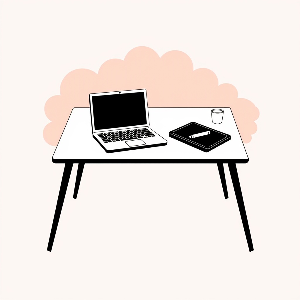 Placed on a minimalist studio desk, the laptop with flat design sits open as if waiting for the next creative project. Nearby, a pen tablet hints at digital art creation.