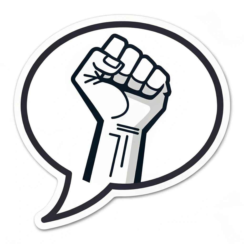 A simple icon design featuring a stylized raised fist combined with a speech bubble element emerging from or behind it, compactly symbolizing collective strength ('power') and expression ('voice').