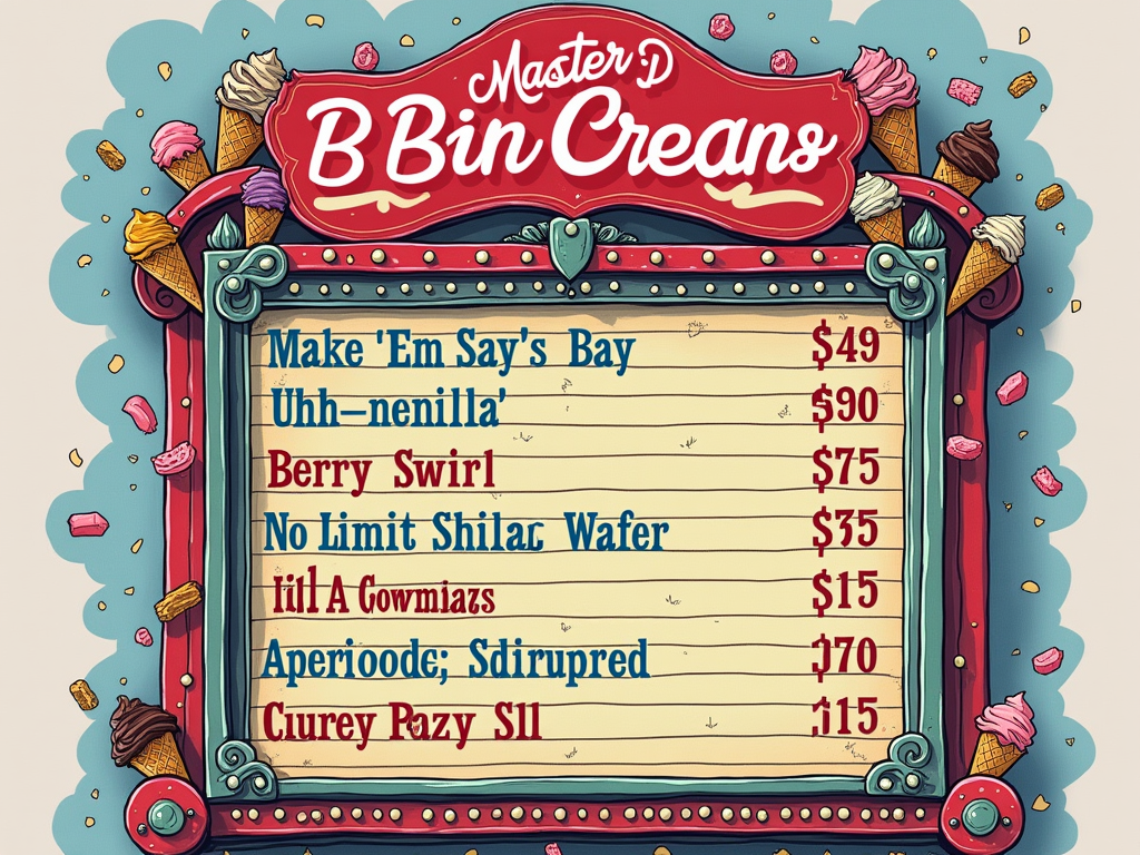 P's Flavor Menu: A T-shirt designed like a vibrant ice cream menu, listing fictional Master P-themed ice cream flavors (e.g., 'Make 'Em Say Uhh-nilla', 'Bout It Berry Swirl', 'No Limit Nilla Wafer'). The title would be 'Master P's B-Day Bash - Ice Cream Man Edition'.