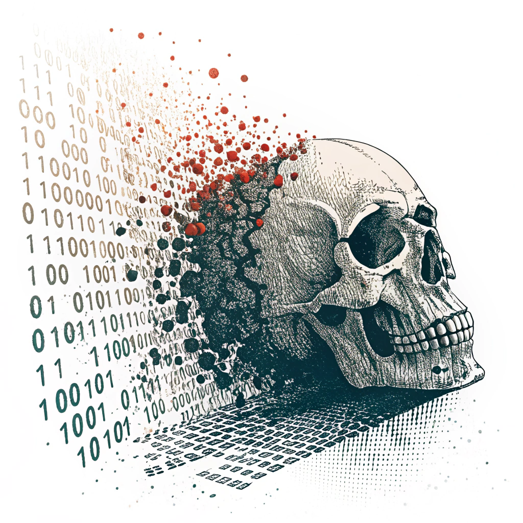Sub-design 2 (Binary Stream Skull): A pixelated skull that seems to emerge from or dissolve into a cascading background of pixelated binary code (0s and 1s). Sections of the binary code or the skull itself could be highlighted in a stark, contrasting warning color like crimson or bright orange against a dark or monochrome green code background.