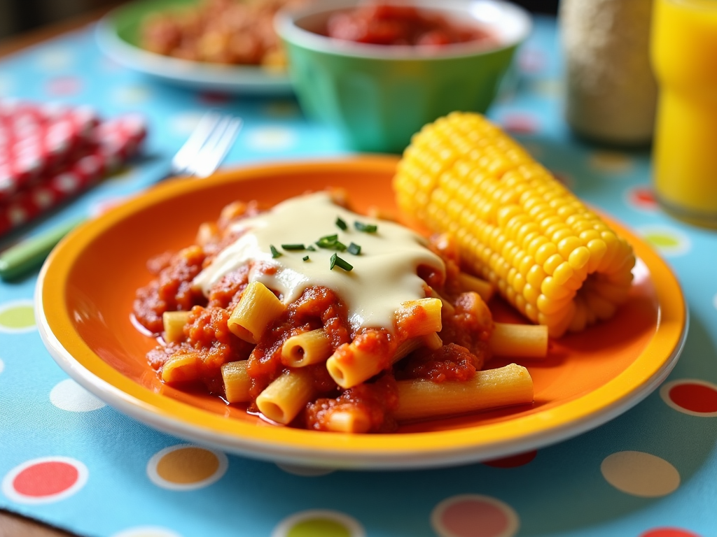 A kid-friendly serving of baked ziti with a side of buttered corn on the cob and a playful, polka-dotted napkin, inviting family members to gather around and enjoy.