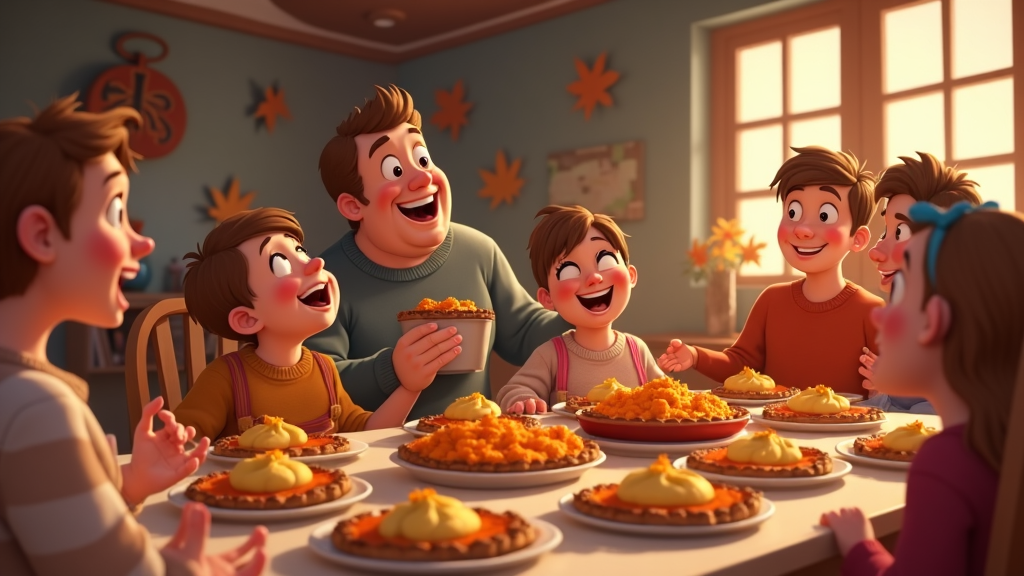 A cartoon Thanksgiving gathering is held in a spacious dining room where the lively chatter fills the room. Plates overflow with mashed sweet potatoes and pecan pie slices, eagerly enjoyed by family members, including a twin pair in matching jumpers, capturing the essence of shared joy and familial comfort during the cherished holiday.