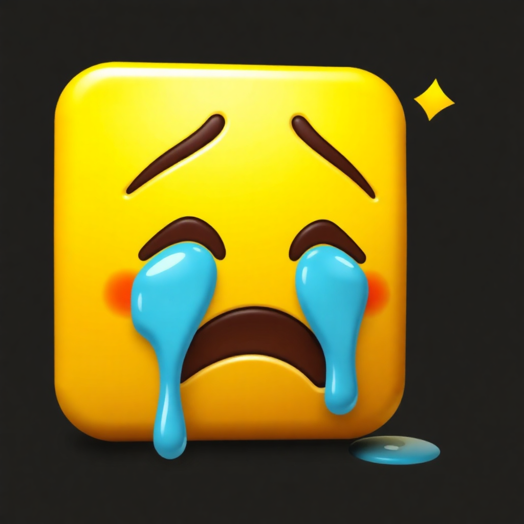 The image shows a yellow emoji with a sad face and tears streaming down its cheeks, set against a black background.