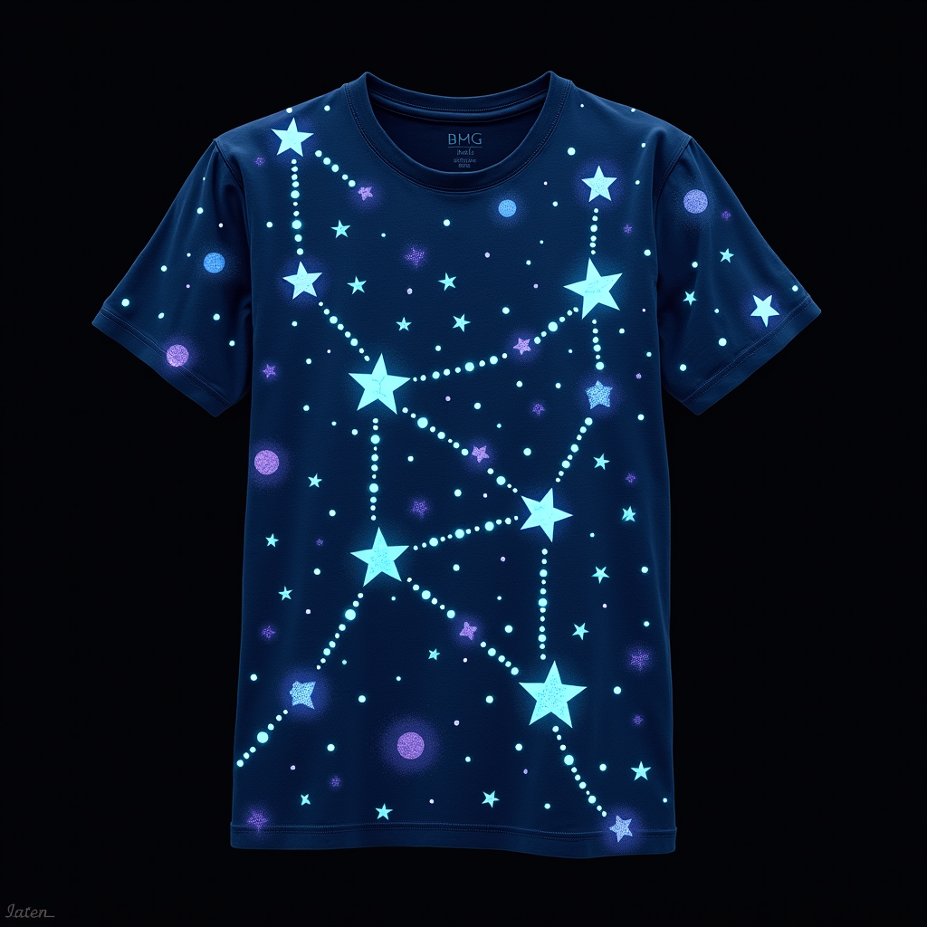 Ephemeral Playa Constellations: Design a T-shirt with a celestial map of fictional Burning Man constellations made of glow-in-the-dark stars. The interactive element involves users 'drawing' connecting lines between stars with a small UV light to temporarily form constellations, or some stars use quick-fade glow ink while others use long-lasting glow, creating a dynamic, shifting starscape as the night progresses.