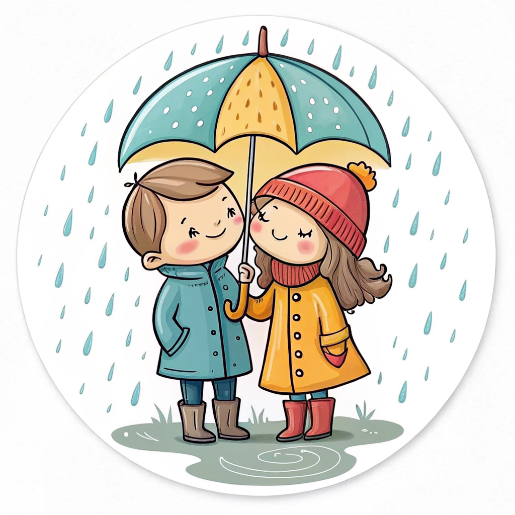 Cartoon-style sticker of a couple sharing an umbrella in the rain.