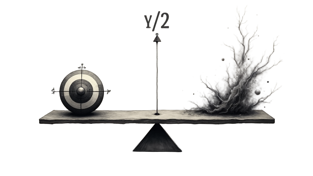 A symbolic balance scale design. One pan, perhaps labeled 'Δx' or with a symbol for position (like a target), holds a sharply defined, concrete object. The other pan, labeled 'Δp' or with a symbol for momentum (like a wave), holds a blurry, indistinct, or wave-like form. The scale is depicted as perpetually slightly imbalanced or in dynamic flux, with 'ħ/2' indicating the fundamental limit preventing perfect simultaneous precision.
