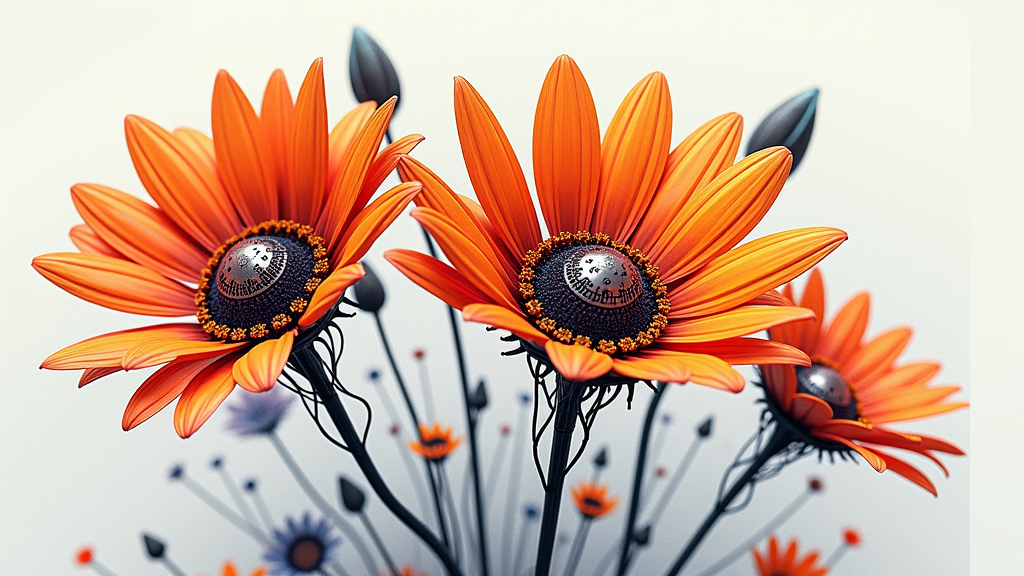 Cybernetic Bloom Entanglement: Design showcasing oversized, vibrant daisies intricately intertwined with sleek, metallic circuit pathways and cybernetic components. Portions of the petals or leaves could reveal underlying robotic structures or display shifting digital patterns.