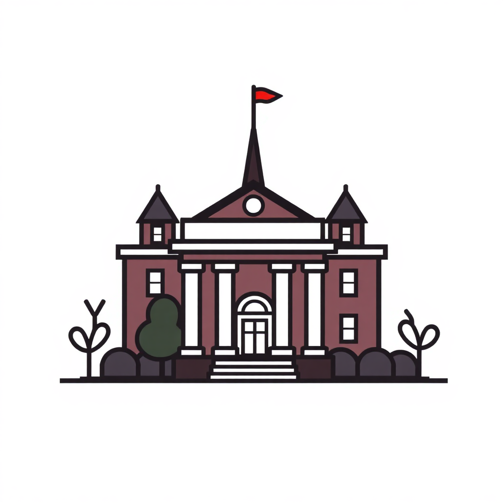 The image is an illustration of a large, two-story building with a red roof and a pointed spire on top. The building has a large front entrance with columns and a small porch with a set of stairs leading up to it. There are two small trees on either side of the entrance and a flagpole with a flag flying in the center. The overall style of the illustration is flat and minimalistic.