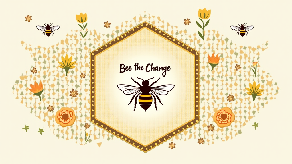 Sub Design Idea 2: Geometric Honeycomb Floral - A modern design featuring a pattern of hexagonal honeycomb cells, with some cells filled with minimalist floral designs or small bee silhouettes. A central, slightly larger bee illustration. Slogan: 'Bee the Change'.