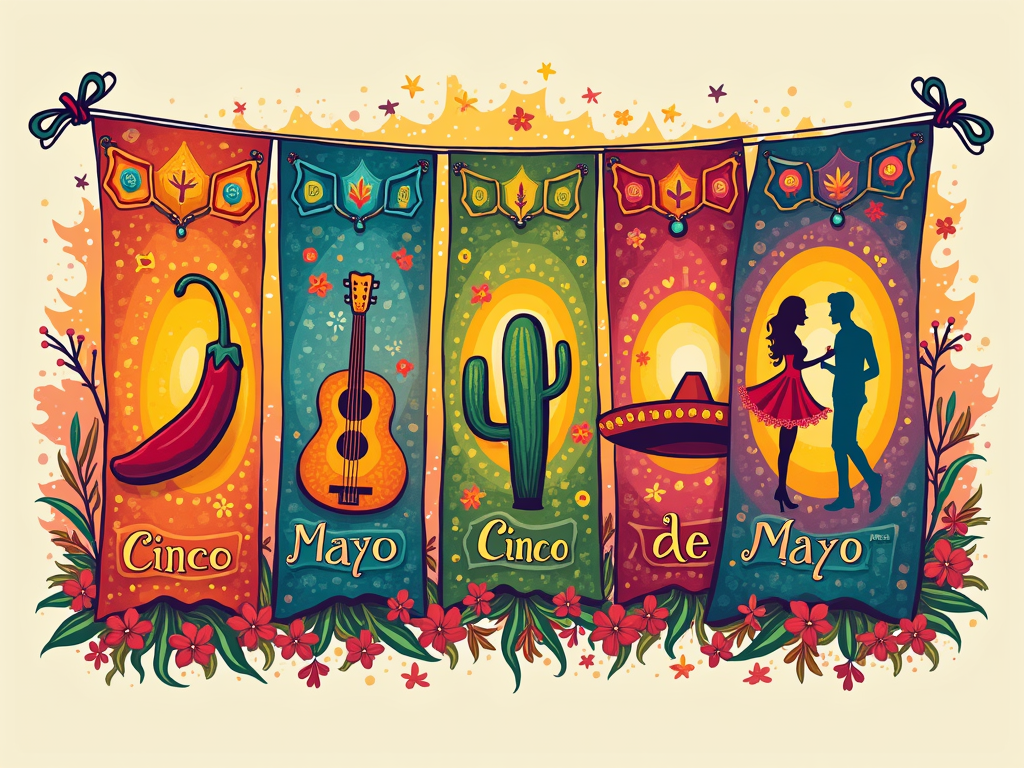 Fiesta Banner Papel Picado: A vibrant, colorful strip across the chest or upper back mimicking a traditional Papel Picado banner. Each flag features a different classic Cinco de Mayo motif (chili, guitar, sombrero, cactus, dancing couple) intricately cut out, with 'Cinco de Mayo' text subtly integrated.
