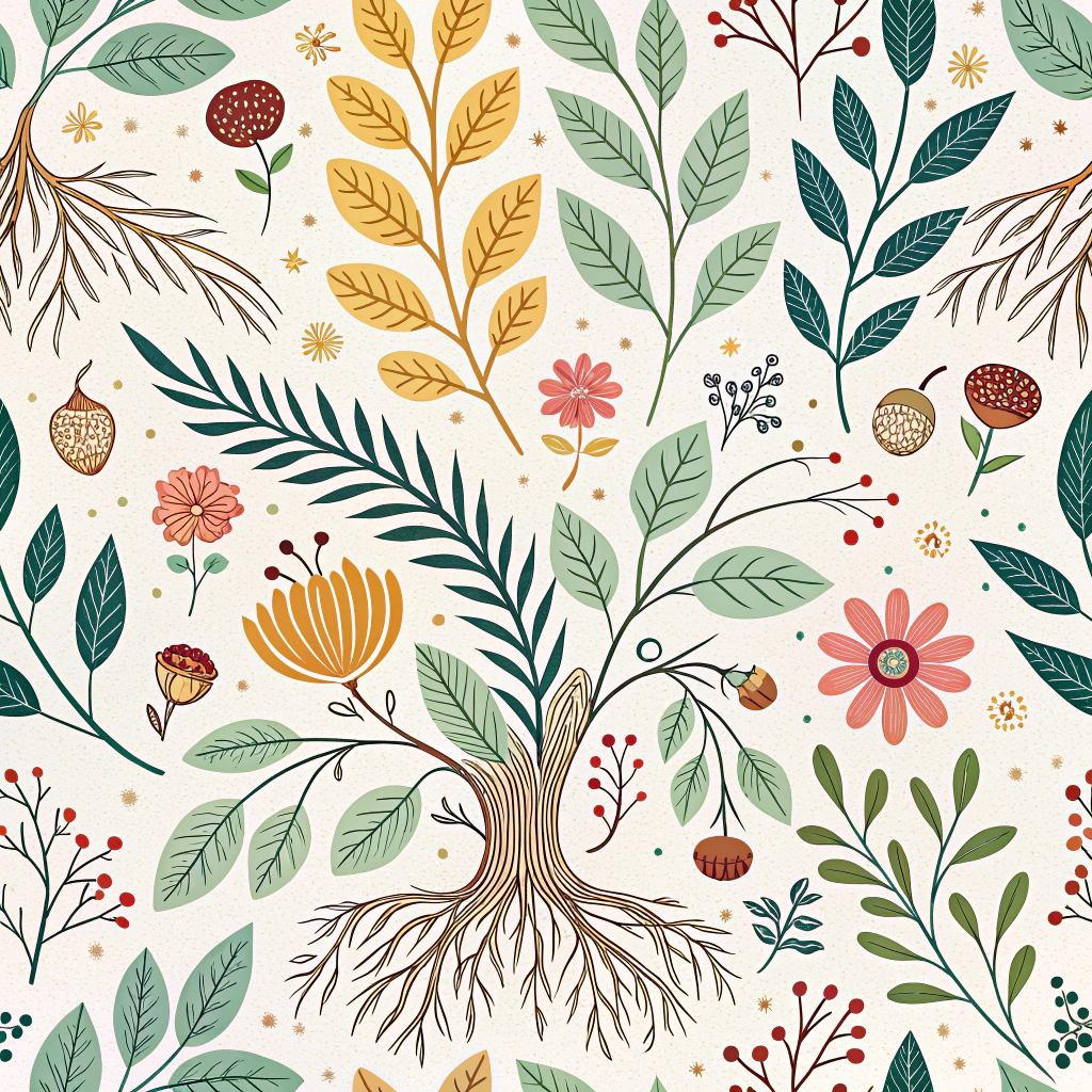 Symbiotic Plant Forms: Conceptualize abstract patterns that stylize and merge elements from various plants (e.g., leaves, roots, flowers, seeds) that contribute to the natural dye palette. This would celebrate the interconnectedness of flora in sustainable dyeing, using colors derived from those plants.