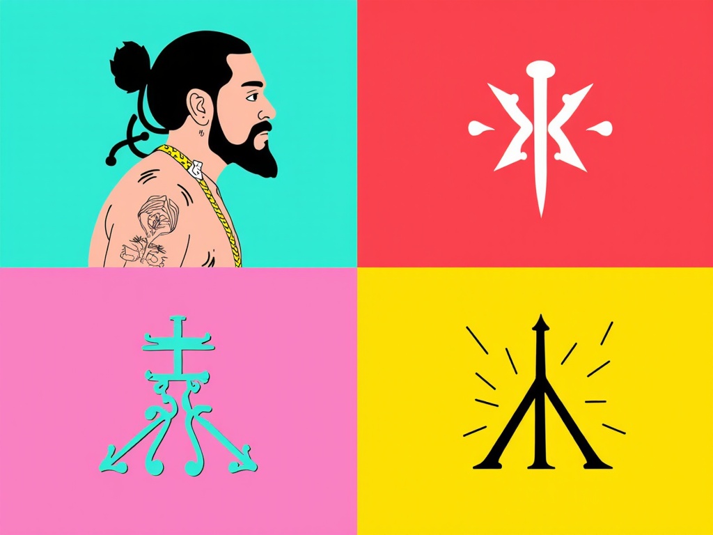 Color Block & Icon: A design using 2-3 distinct color blocks. One block features a clean silhouette of Post Malone, while another prominently displays a single, iconic symbol in a contrasting color or as an outline.