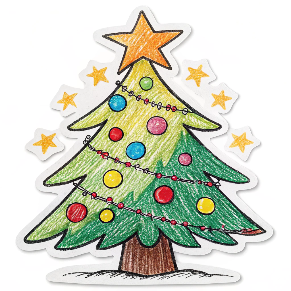 A child-like drawing of a Christmas tree turned into a sticker, complete with bold crayon colors and an oversized star, capturing innocent holiday joy.