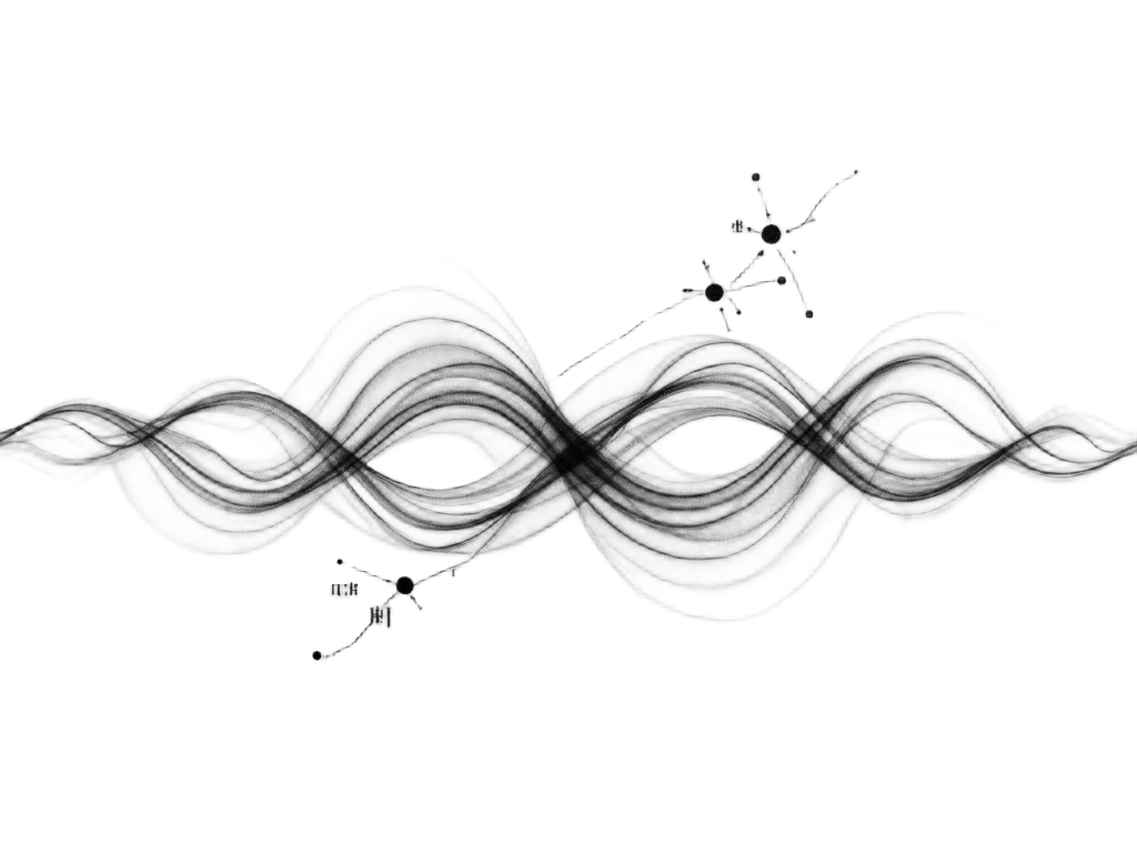 Abstract Superposition Wave Tattoo: A design visually depicting the superposition principle. This could be two distinct wave patterns merging or interfering, or a particle-like dot simultaneously existing along a wave path, symbolizing the qubit's ability to be in multiple states. Could incorporate α|0⟩ + β|1⟩ subtly.