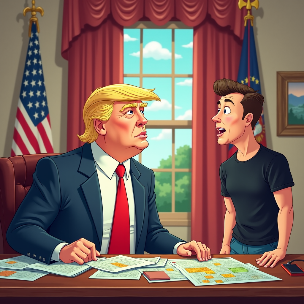 A satirical cartoon of Donald Trump at an oval office desk cluttered with blueprints, as Elon Musk stands nearby, discussing plans for Mars colonization.