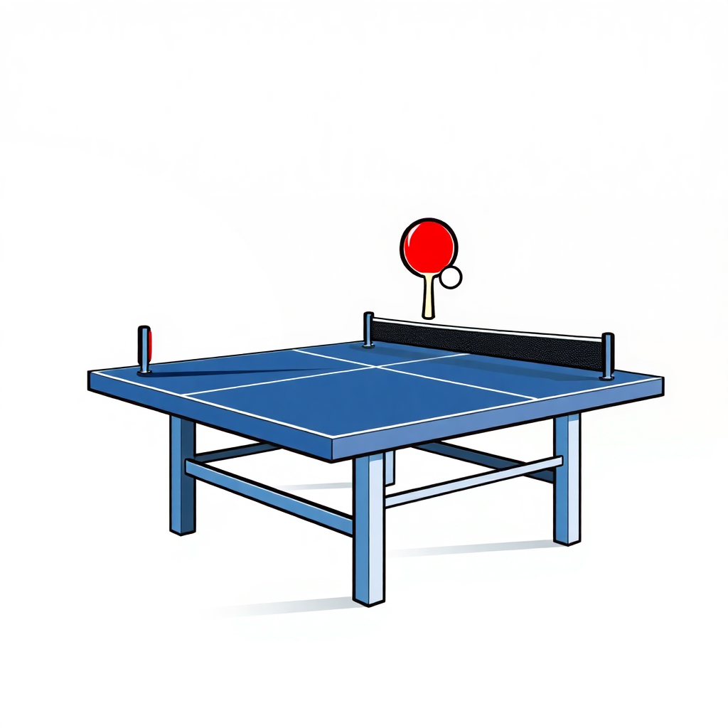 The image is a 3D illustration of a ping pong table. The table is blue in color and has a rectangular shape with four legs. On top of the table, there is a red ping-pong paddle and a black net. The paddle is in the air, ready to hit the ball. The net is attached to the table with two poles. The background is white.