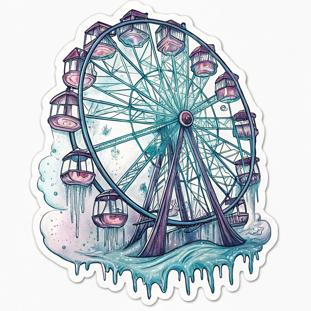 Melting Fractals Ferris Wheel: The Ferris wheel appears to be constructed from melting, flowing fractal patterns. Each gondola could be a unique, glowing geometric shape. The overall design should evoke a dreamlike, liquid state.