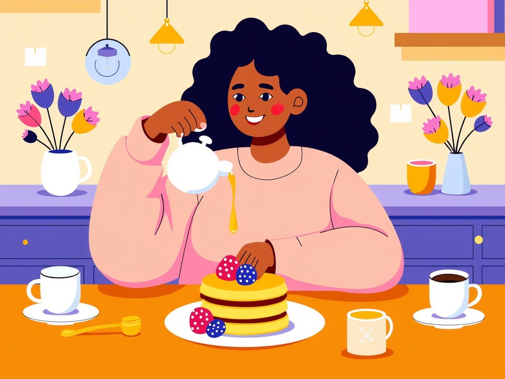  a young woman sitting at a kitchen table with a stack of pancakes in front of her. She is wearing a pink sweater and has curly black hair. The woman is holding a white teapot and is pouring syrup over the pancakes. There are two cups of coffee on the table and a vase of pink and purple tulips in the background. The kitchen has a blue countertop and a window with yellow curtains. The overall color scheme of the image is bright and cheerful.