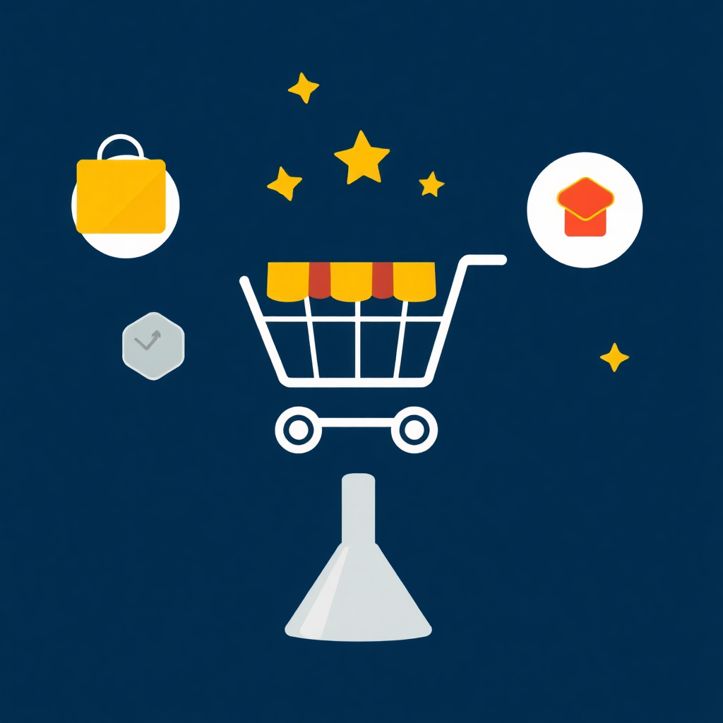 The image is a graphic design with a dark blue background. In the center, there is a shopping cart with a yellow and red striped awning. Around the cart, there are several yellow stars scattered around. On the left side of the image, there appears to be a yellow shopping bag, on the right side, and on the bottom right corner, there seems to be an orange envelope. In front of the shopping cart is a white funnel-like object, possibly a test tube or funnel. The overall design is simple and minimalistic.