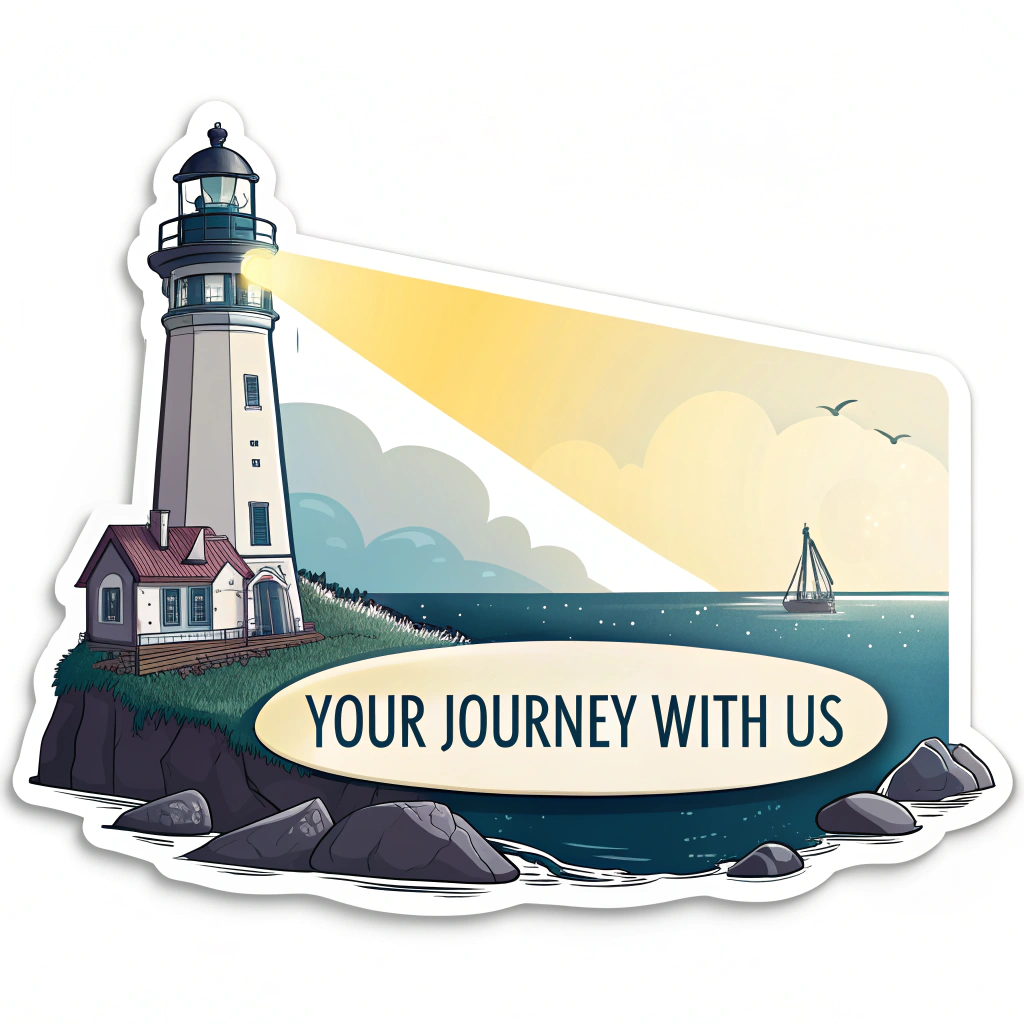 Lighthouse of Learning Sticker: A strong lighthouse casting a beam of light, illuminating a path to a bright horizon. Text 'Your Journey With Us' along the beam or base. Highlights guidance, illumination, and enduring positive influence.