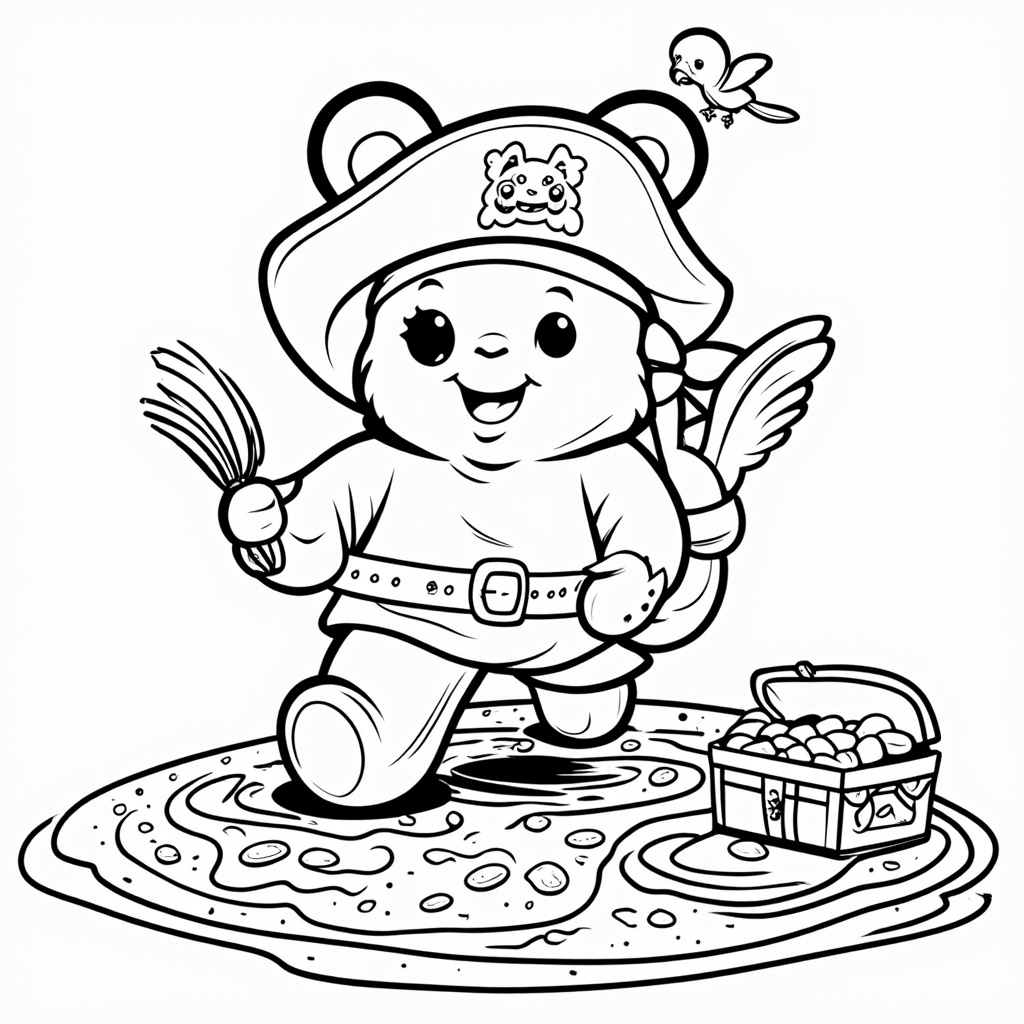 Gummy Bear Pirate Adventure: A gummy bear pirate captain with a candy-corn peg leg, a licorice whip belt, and a tiny gummy parrot on its shoulder, digging for buried treasure (a chest full of jelly beans) on a dessert island made of cake and cookie crumbs.