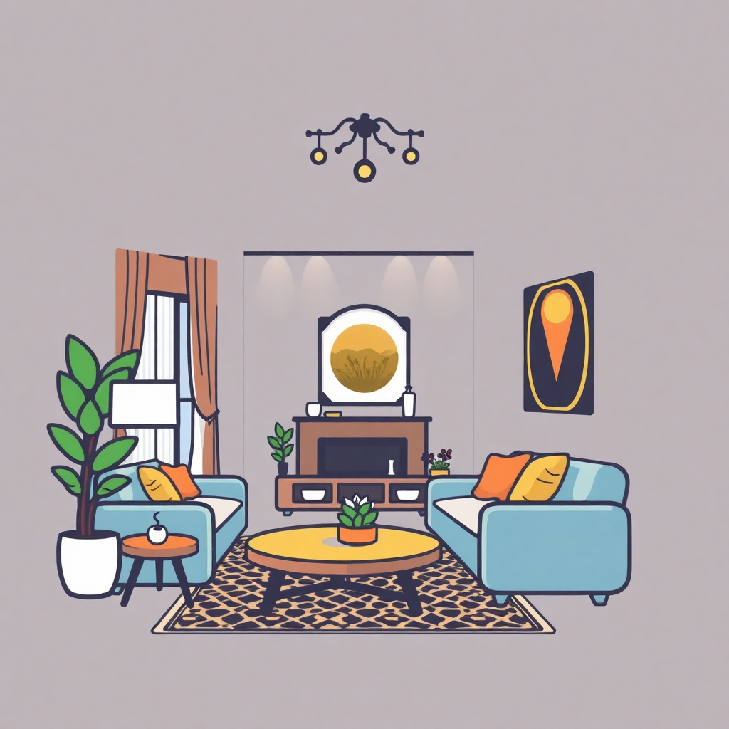 The image is an illustration of a living room with a modern and minimalistic design. The room has a light grey wall with a large window on the left side, which has orange curtains. On the right side of the room, there is a blue sofa with orange throw pillows and a wooden coffee table in front of it. Above the sofa, there are two potted plants and a small side table with a lamp. In the center of the living room is a fireplace with a mirror above it and a painting hanging on the wall above it. The floor is covered with a black and white patterned rug. Above and below the fireplace are two black chandeliers hanging from the ceiling.