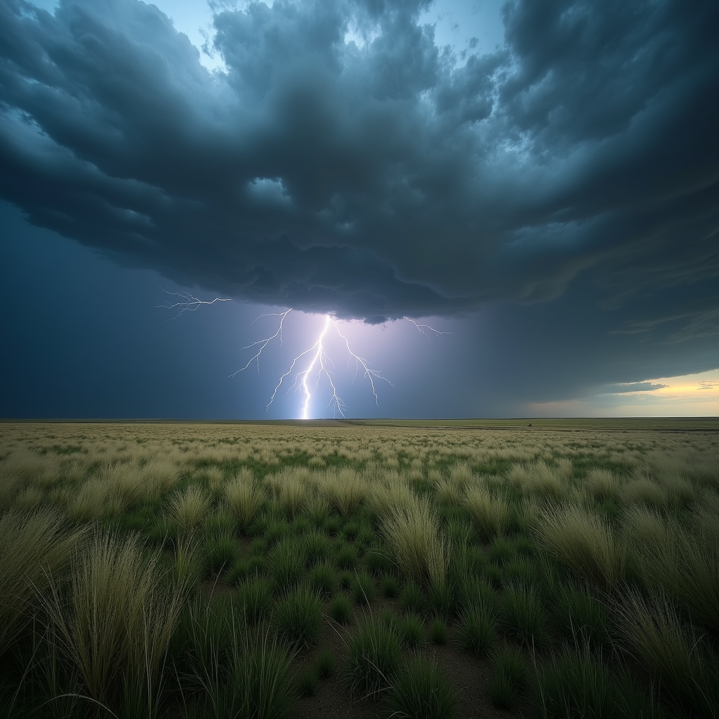 Wallpaper featuring a thunderstorm breaking over a vast, endless prairie. Flashing lightning brings life to the open plains, casting fleeting shadows across tall grasses swaying in the wind. The expanse of land juxtaposed with the churning sky above creates a powerful image of the endless cycle of weather over time and space.