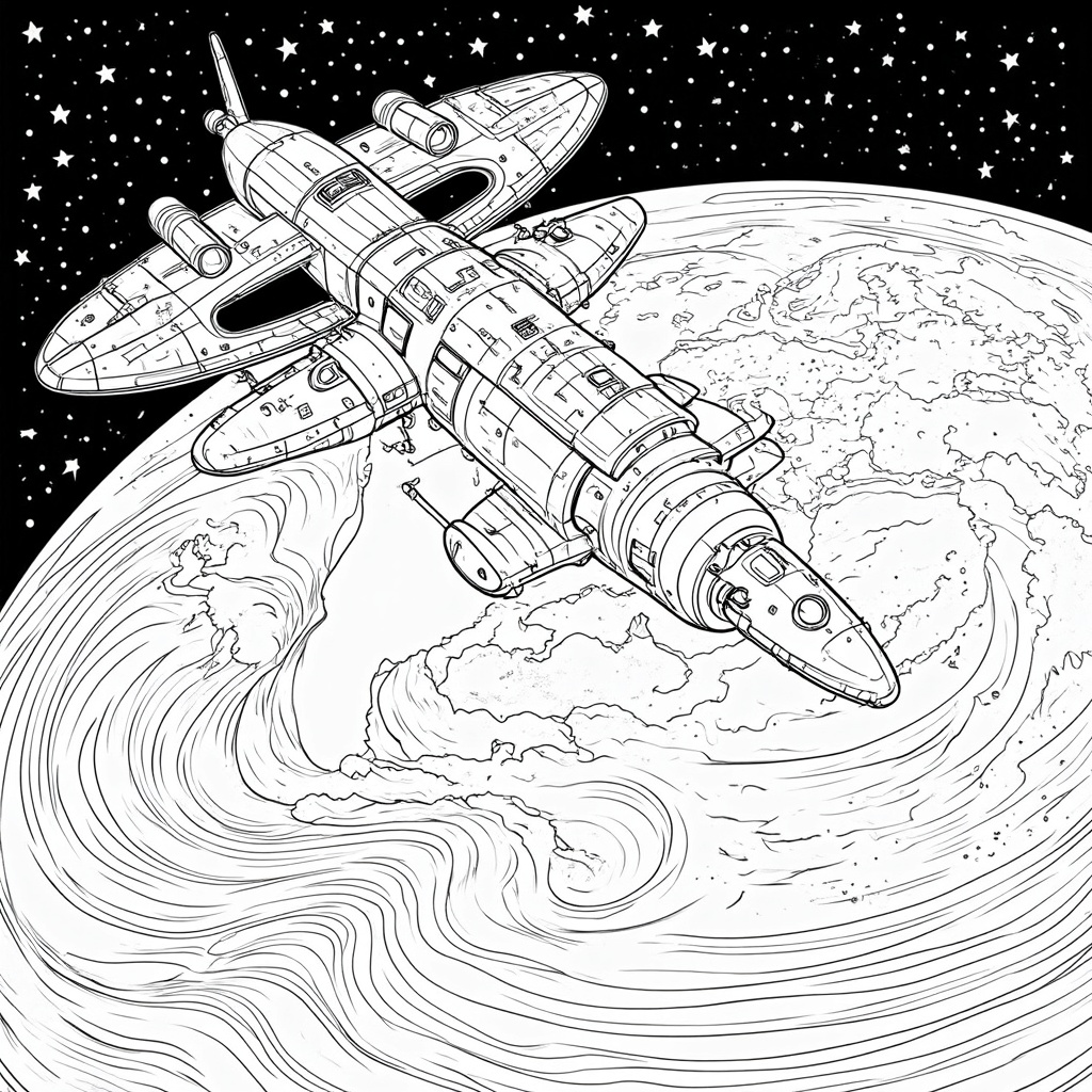 A detailed illustration of the Starliner spacecraft prominently orbiting above a recognizable section of Planet Earth, showcasing continents, swirling clouds, and the deep blue of the oceans. Include a starry background.