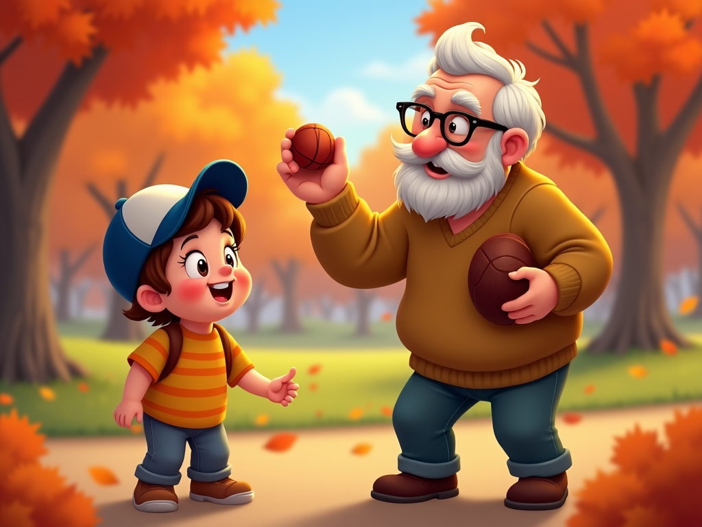 A grandfather teaching his grandchild how to throw a perfect spiral, surrounded by vibrant orange and red Thanksgiving leaves.