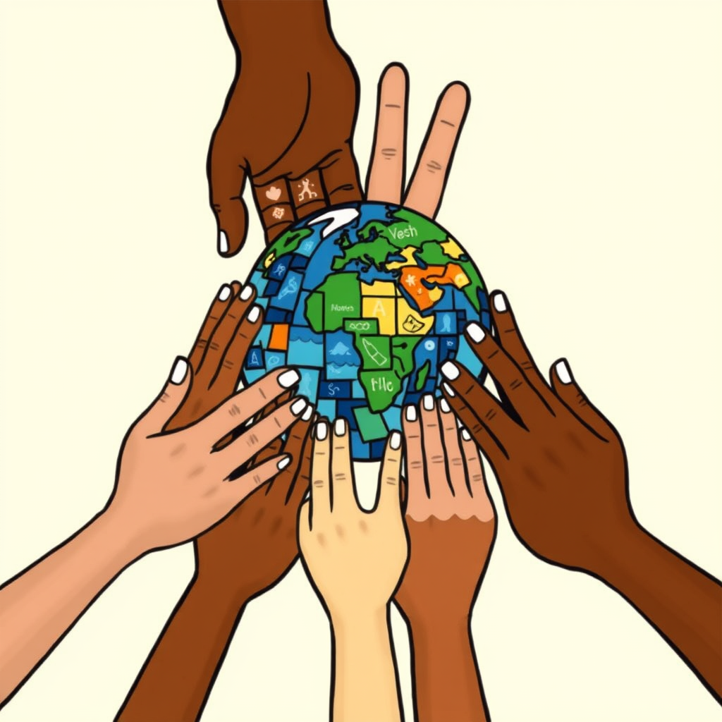 A collection of diverse human hands, each contributing a unique mosaic tile (representing a specific species or habitat element) to form a larger, cohesive image of the Earth or a thriving ecosystem. This highlights collective responsibility.