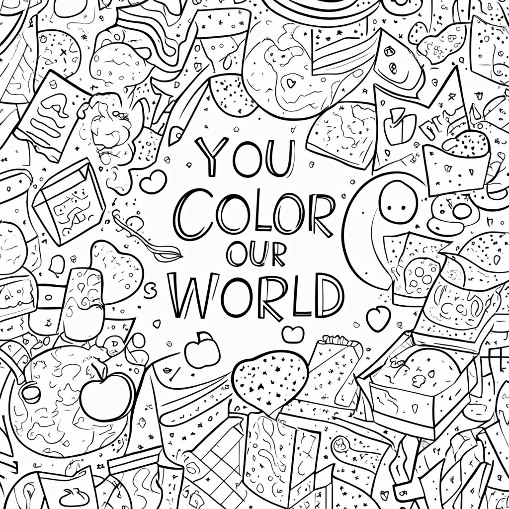 Intricate Pattern Page: A full-page intricate pattern composed of repeating motifs: crayon outlines, crayon boxes, small globes, apples, books, and hearts. The phrase 'You Color Our World' is centrally located or woven artistically into the pattern, offering complex coloring opportunities.