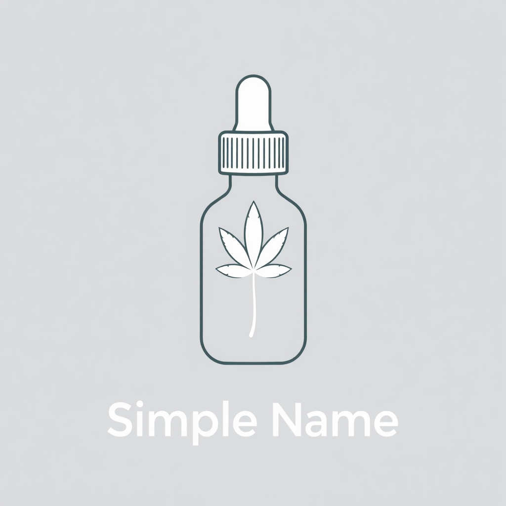 Simple Logo Idea: A clean dropper bottle silhouette with an integrated cannabis leaf mark (e.g., leaf as the droplet or a prominent mark on the bottle surface), accompanied by a clear, professional sans-serif typeface for the brand name, emphasizing medical legitimacy.