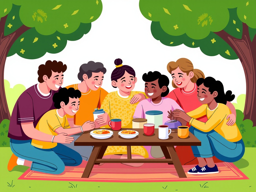  a group of seven children and a woman sitting around a picnic table in a park. They are all smiling and appear to be enjoying a meal together. The table is set with plates of food, cups of coffee, and a teapot. The children are of different ages and ethnicities, and they are all dressed in casual clothes. The background is filled with trees and greenery, and the ground is covered in grass. The overall mood of the image is happy and relaxed.