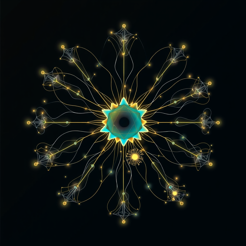 Neural Bloom: A central node (representing AI/neural network) from which multiple data strands (like light trails or roots) extend outwards. These strands then loop, connect, and intertwine with each other, culminating in 'blooms' of abstract artistic patterns (e.g., geometric shapes, color bursts, fractal-like forms) at their intersections or ends.