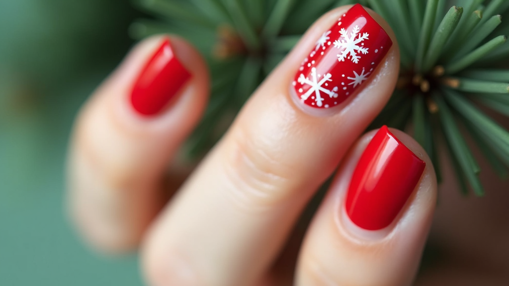  a close-up of a person's hand with their fingernails painted in a bright red color. The nails are neatly painted with a white snowflake design on each nail. The background is blurred, but it appears to be a green pine tree branch. The person's nails are well-manicured and appear to be well-groomed. The overall aesthetic of the image is festive and wintery.