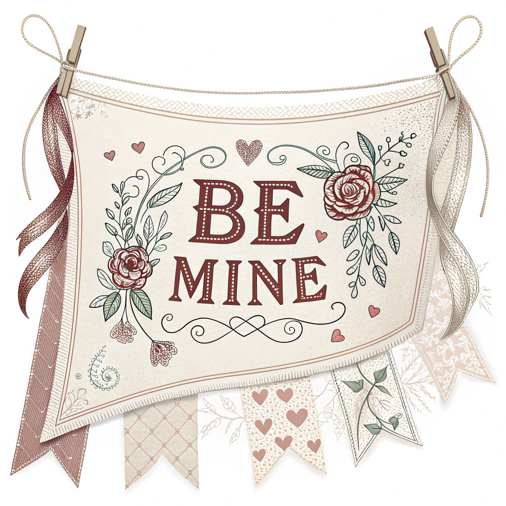 A sticker with a vintage-inspired banner or ribbon design, featuring phrases like 'Be Mine' or 'True Love', in classic fonts.