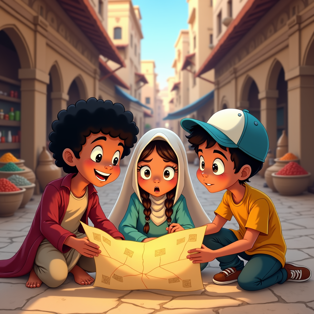 A group of Qatari children, each with unique skills, collaborating to solve a mystery in a historic souq setting.