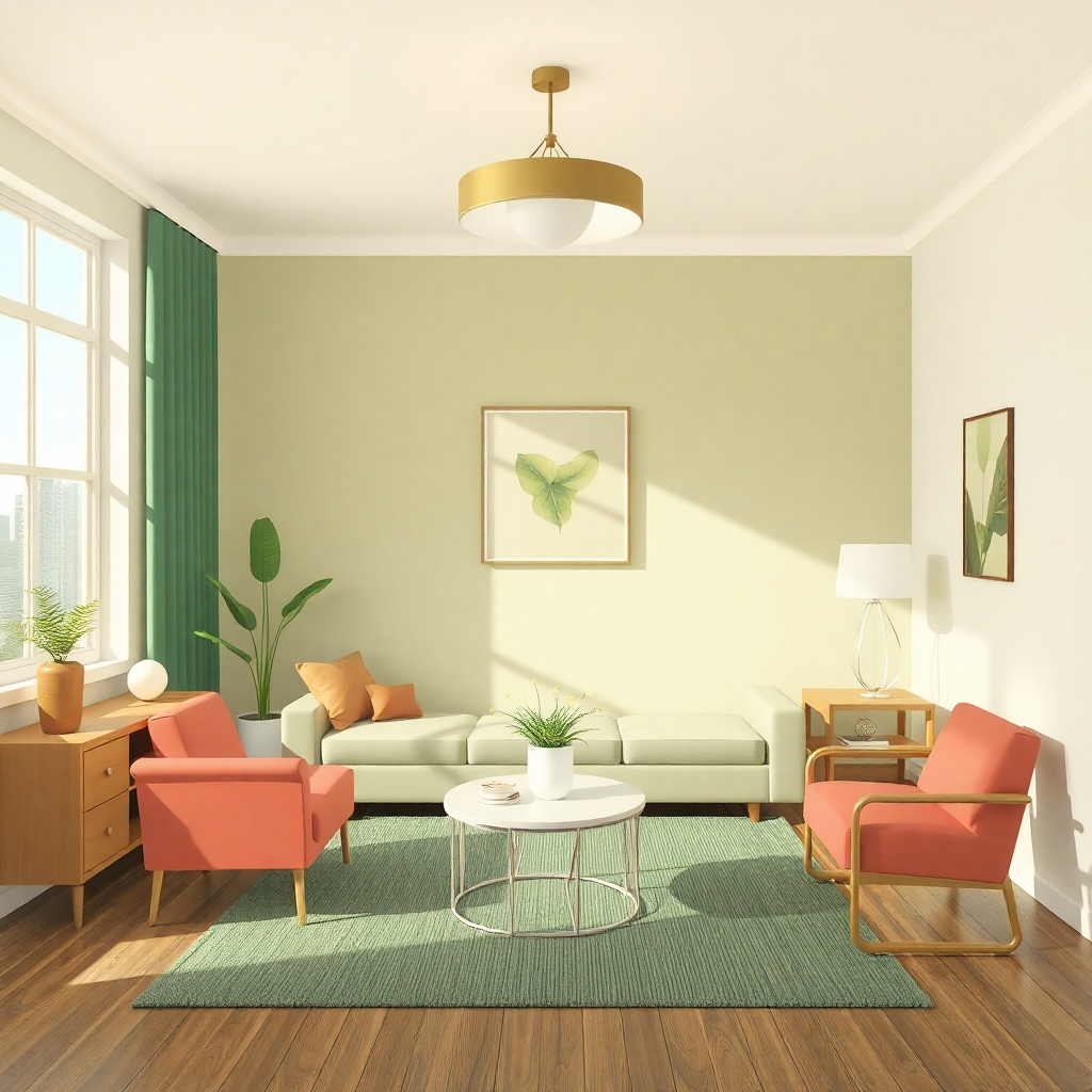  a modern living room with a large window on the left side. The window has green curtains and offers a view of the city. The walls are painted in a light green color and there are two framed pictures hanging on the wall. On the right side of the room, there is a white sofa with orange throw pillows and a wooden coffee table in front of it. There are two orange armchairs on either side the sofa and a small wooden side table with a lamp on top. The floor is made of light-colored wood planks. A green area rug is placed in the center of the living room. A gold pendant light hangs from the ceiling.