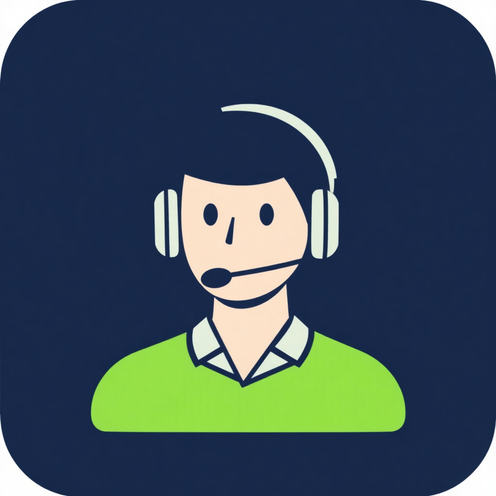 The image is a square icon with a dark blue background. In the center of the icon, there is a person wearing a headset with a microphone attached to it. The person is wearing a green shirt and has a neutral expression on their face. The headset is white and has two earpieces. The image appears to be a representation of a call center or a customer service representative.