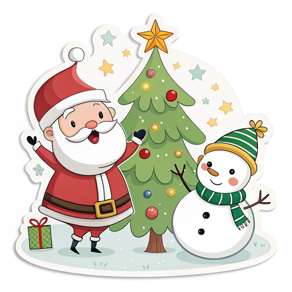 The image shows a cartoon picture of Santa Claus and a snowman standing in front of a Christmas tree. Santa is wearing a traditional red and white suit with a black belt and boots, and is holding a sack of presents in one hand and a candy cane in the other. The snowman is standing beside him, wearing a green and white striped scarf and a top hat. The Christmas tree is decorated with colorful ornaments and a star on top.