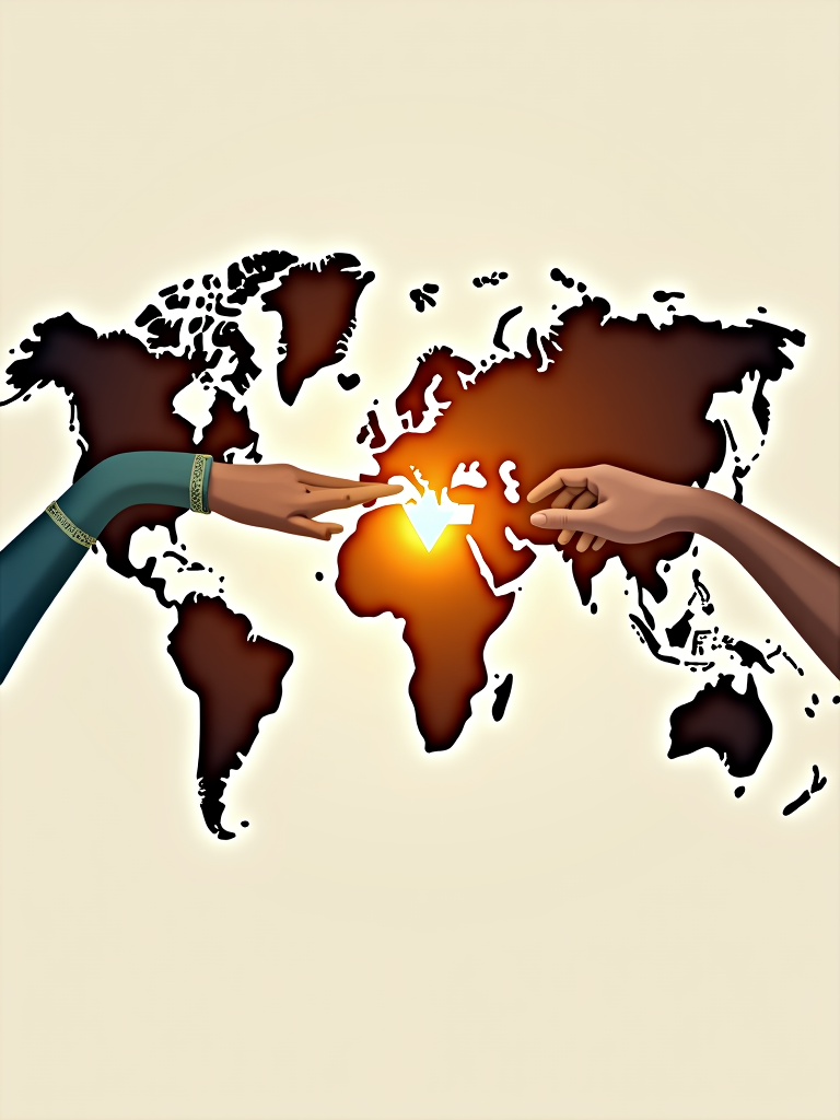 Outline of the world map featuring diverse hands reaching across oceans and landmasses, passing a symbolic object like a glowing heart or seed representing a good deed.