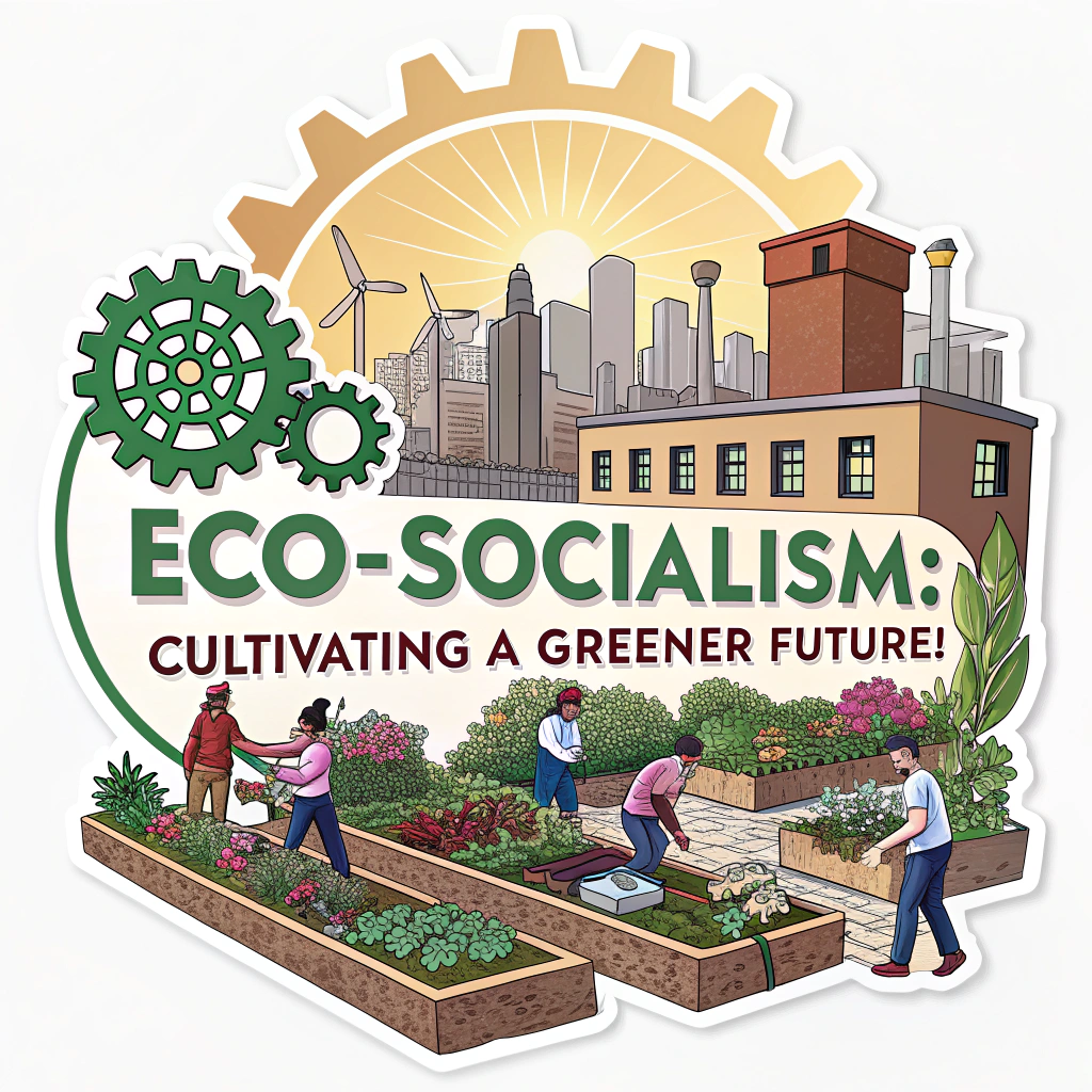 Sticker design idea: An illustration of a community garden thriving on a factory rooftop, tended by diverse workers under a sun partially made of a gear. Slogan: 'Eco-Socialism: Cultivating a Greener Future!'