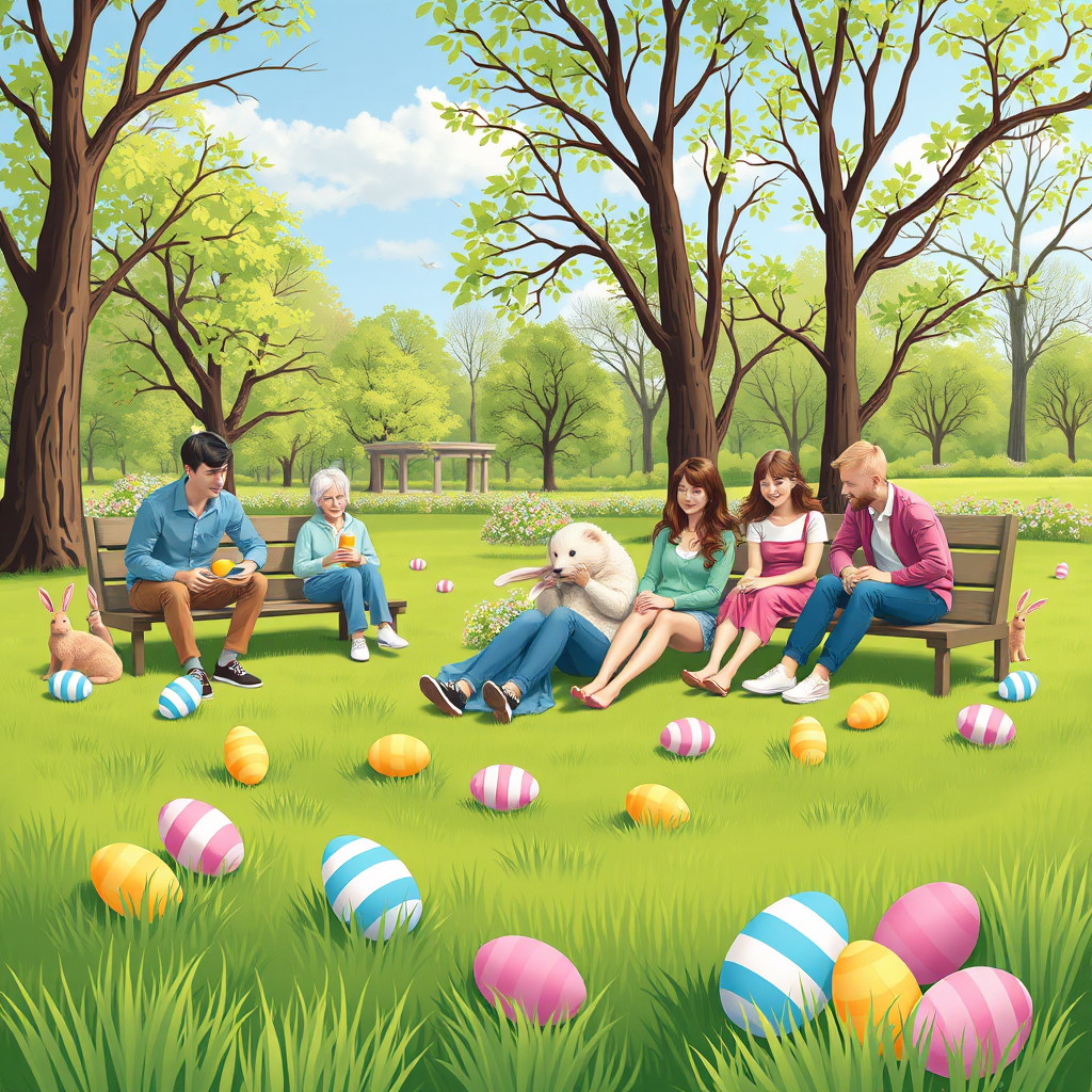 A group of people relaxing in a park with Easter eggs scattered around, symbolizing a day of leisure after Easter.