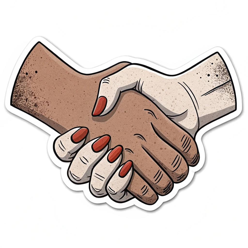 A sticker displaying two hands clasped together, one appearing rough and calloused (grit) and the other smooth and manicured (grace), visually representing collaboration and balance.