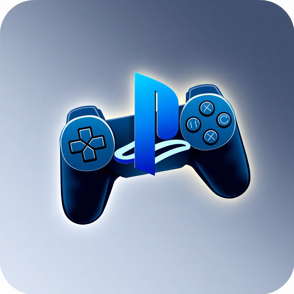 The image is a digital illustration of a video game controller. The controller is black in color and has two buttons on the left side, one for the gamepad and the other for the joystick. On the right side of the controller, there is a blue letter D in the center, which is likely the logo for the PlayStation 4 console. The background is a light blue color, and the overall design is simple and modern.